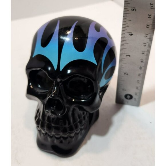 Flaming Skull Plastic Piggy Bank Blue Purple Black w/ Stopper Halloween Decor - Picture 13 of 15